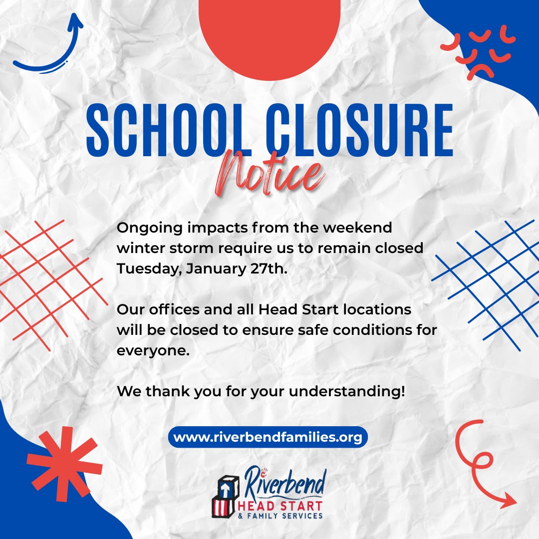 RiverbendHSFS's tweet photo. ❄️ Weather Update ❄️
Due to continued issues from the weekend winter storm, our offices and all Head Start locations will be closed once again on Tuesday, January 27th.

Thank you for your understanding, please stay safe and warm. https://t.co/wcFe2GUBTF