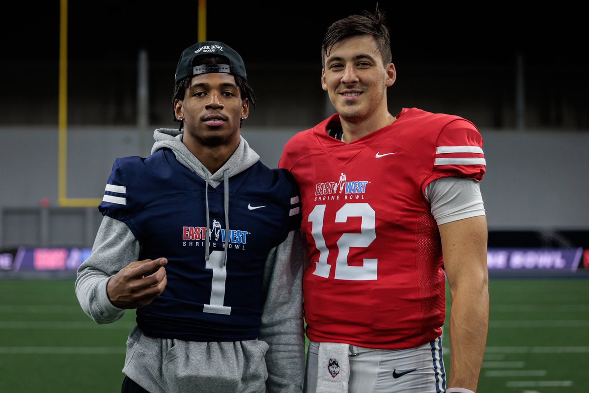 UConn WR Skyler Bell and QB Joe Fagnano at East-West Shrine Bowl practice.