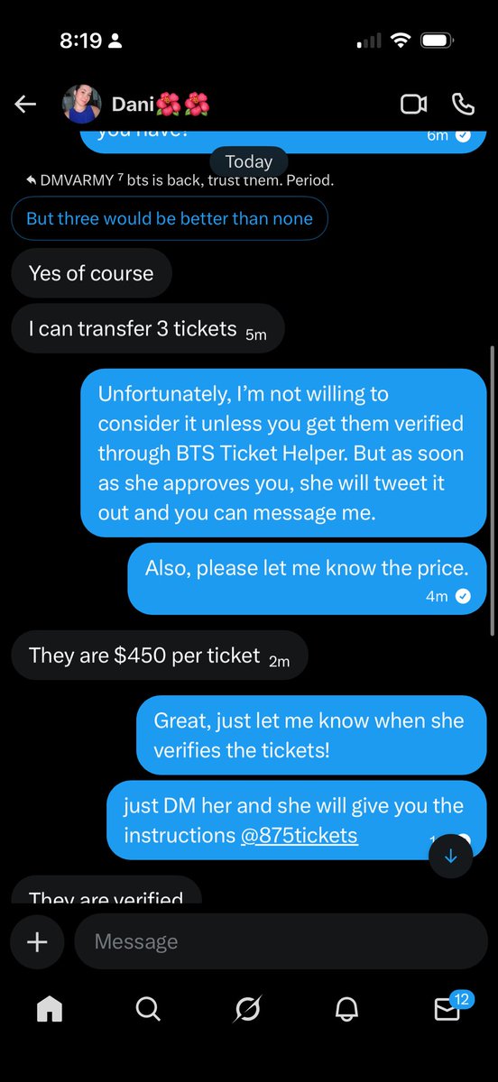 DmVarmy's tweet photo. @875tickets  just DMed you. Scammer alert. Told the seller I needed them to go through you to get the tickets verified bc I was interested and they were done. https://t.co/vu1paXbGoC
