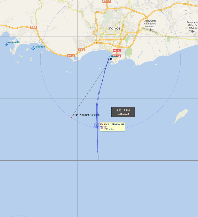 FlconEYES's tweet photo. US GOVT VESSEL 106
USS Stockdale (DDG-106)
Arleigh Burke-class (Flight IIA) Aegis guided missile destroyer

Heading South from #Ponce, #PR, 11.2 knots 😲
17°53.012 N  66°38.292 W per #AIS SRC: #VTExplorer

Photo credits to @MichaelBonet8 👍 Spotter: https://t.co/r7SXnDi3ii

#VesselAlert #AIS #Maritime #OSINT #26Jan