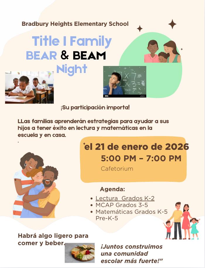 BradburyHeights's tweet image. BEAR /BEAM night January 21, 2026 at 5pm. The event will be educational and fun! Contact Mrs. Pippens and Mrs. Laskow for more information. 

#bradburyheights #BHES #BHESPTOSQUAD #BHESEagles
