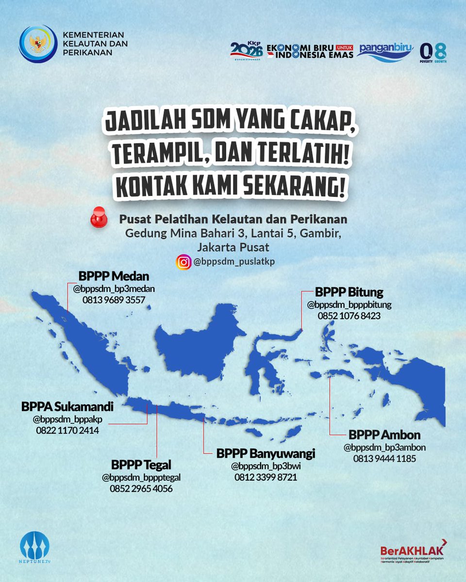Sahabat Bahari, mau jadi #SDMKP yang profesional, adaptif, dan siap bersaing secara global? Pelatihan KP jawabannya!
YUK, tingkatkan kompetensimu di Balai Pelatihan KKP! Kontak kami sekarang, ya! 😊
<a href="/kkpgoid/">KKP RI</a> 
<a href="/saktitrenggono/">Sakti Wahyu Trenggono</a>
#2026KKPGrowStronger #KKPGOID #PelatihanKP