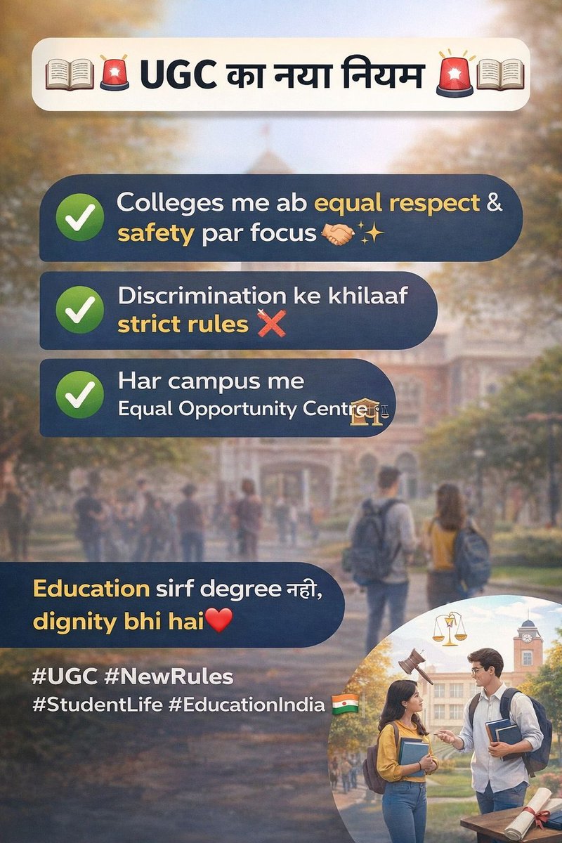 Angelye8qg's tweet image. 📚🚨 UGC ka naya niyam 🚨📚

Colleges me ab equal respect &amp;amp; safety par focus 🤝✨
Discrimination ke khilaaf strict rules ❌
Har campus me Equal Opportunity Centre 🏫⚖️

Education sirf degree nahi, dignity bhi hai ❤️

#UGC #NewRules #StudentLife #EducationIndia 🇮🇳