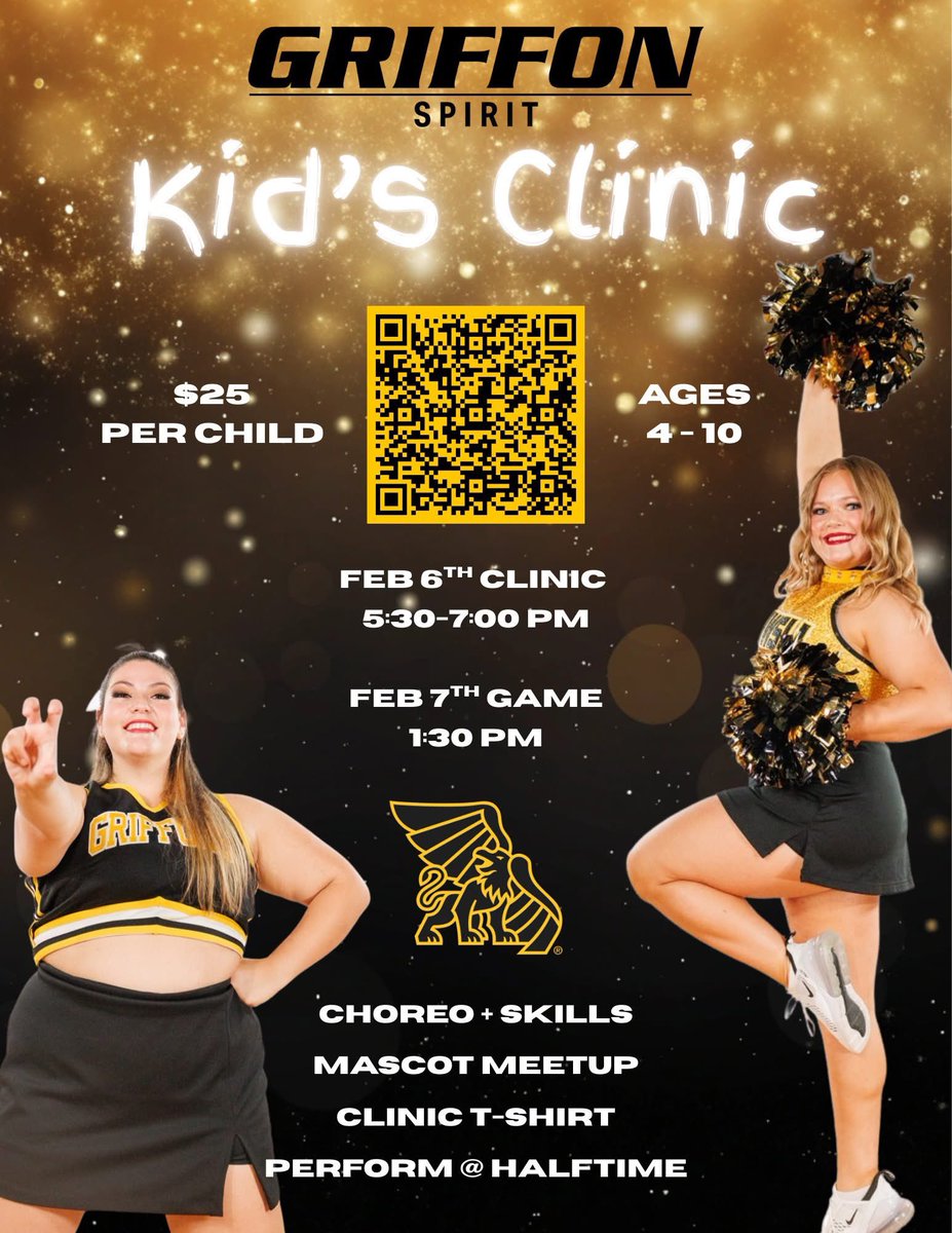 Sign up your little Griffs for MWSU Spirit's Kids' Clinic on February 6th!

Participants will receive Griffon Spirit t-shirts, a meet and greet with Max the Griffon and a chance to perform at halftime of the Griffon basketball game on February 7th.

Sign up by scanning the QR