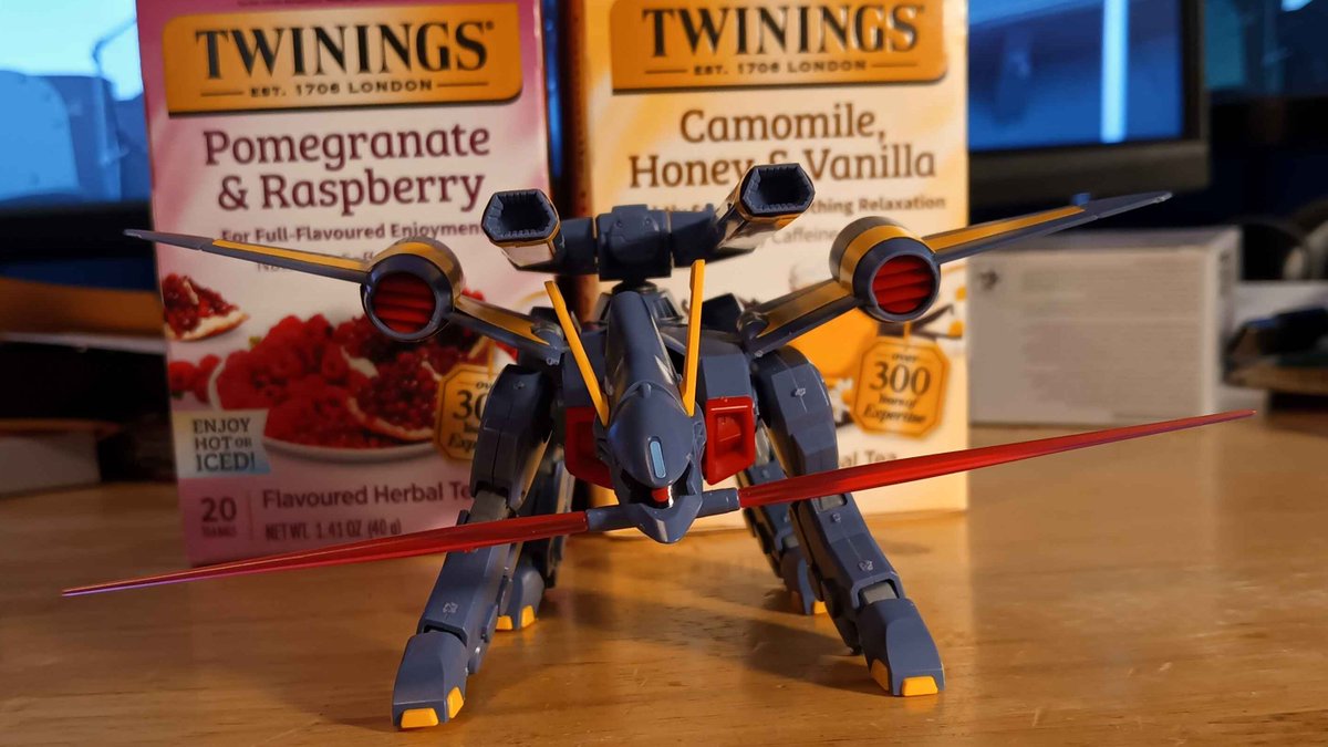 One thing I forgot to share here is my first completed Gunpla kit -- the HG BuCUE!

I couldn't find the PVC wire; I'm not sure if it got lost or if it wasn't included to begin with. Aluminum wire wasn't a perfect substitute, but I managed to make it work.

She guards my tea. 😁