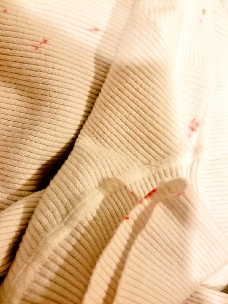 ﾁｬﾝﾁｬﾝﾁｬｰﾝ…😱⤵️

朱肉を一緒に洗ってしまったのよぅ…涙

洗濯機から乾燥機に移動する時は 蓋もとれてなくて
巾着にへばりついてたようで…

乾燥機あけたら
ホカホカの朱肉がコロンと…
そして 斑模様?の白い服たち…🙈

#なんでこうなる？
#朱肉マジック