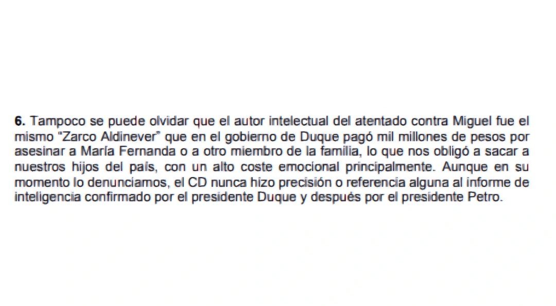 🚨El <a href="/CeDemocratico/">Centro Democrático</a> sabe quien asesinó a Miguel Uribe!

Así dice la carta enviada por <a href="/MariaFdaCabal/">María Fernanda Cabal</a> y <a href="/jflafaurie/">José Félix Lafaurie</a> al ex presidiario <a href="/AlvaroUribeVel/">Álvaro Uribe Vélez</a> .

Que canten, que canten !