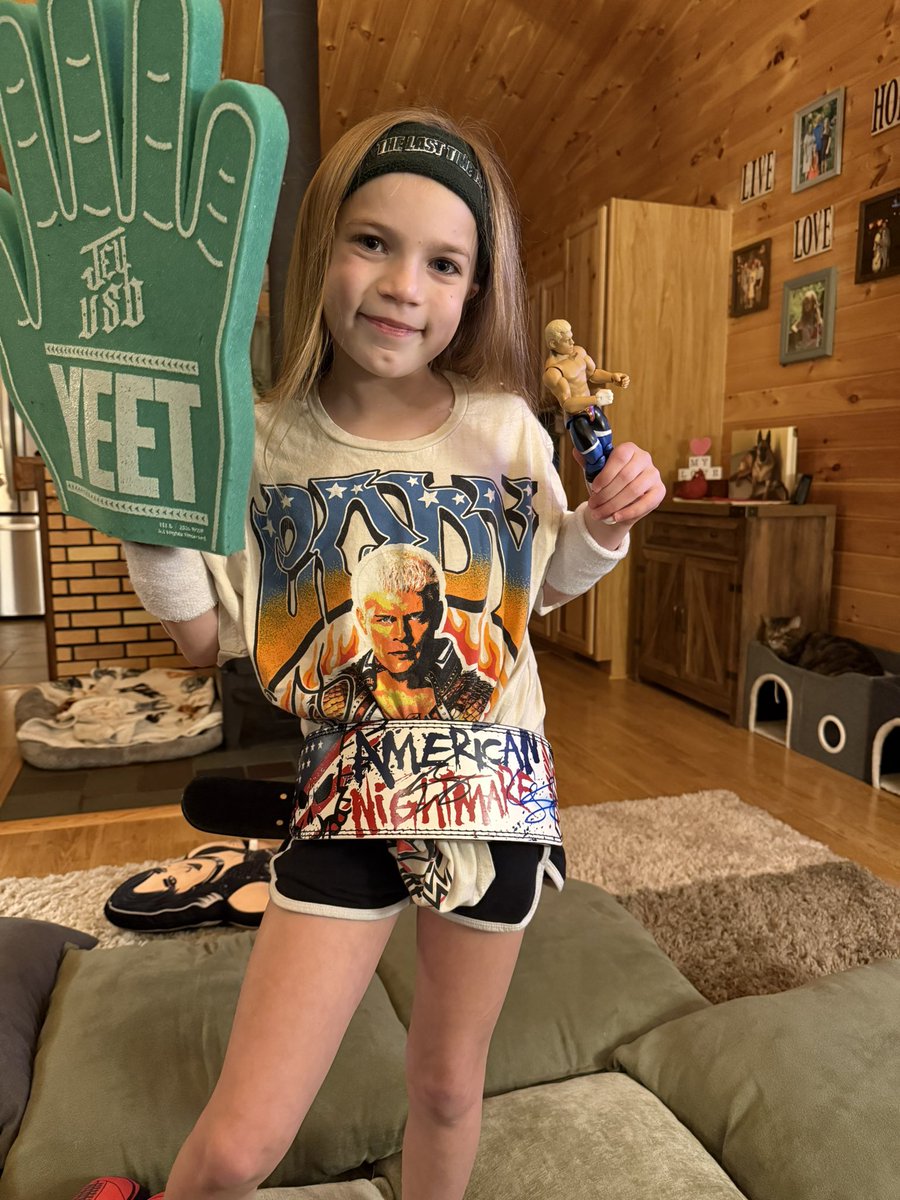 Jeff9ma0's tweet photo. @CodyRhodes @RheaRipley_WWE @sarahschreib Wearing her Cody Rhodes belt. Watching Monday Night Raw. https://t.co/uzJmQo2G77