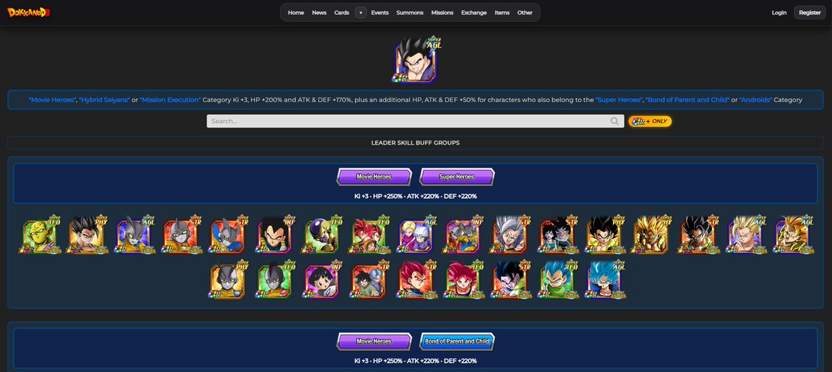 New DokkanDB update! ✅
• 200%+ Leaders popup directly on the card page (Thanks to <a href="/ToonRami/">ToonRami</a>  for the suggestion!)
• New “Show Cards” button to view units that match the Leader Skill with bonuses
Let me know what you think and please report any bugs. #DokkanBattle #DokkanDB