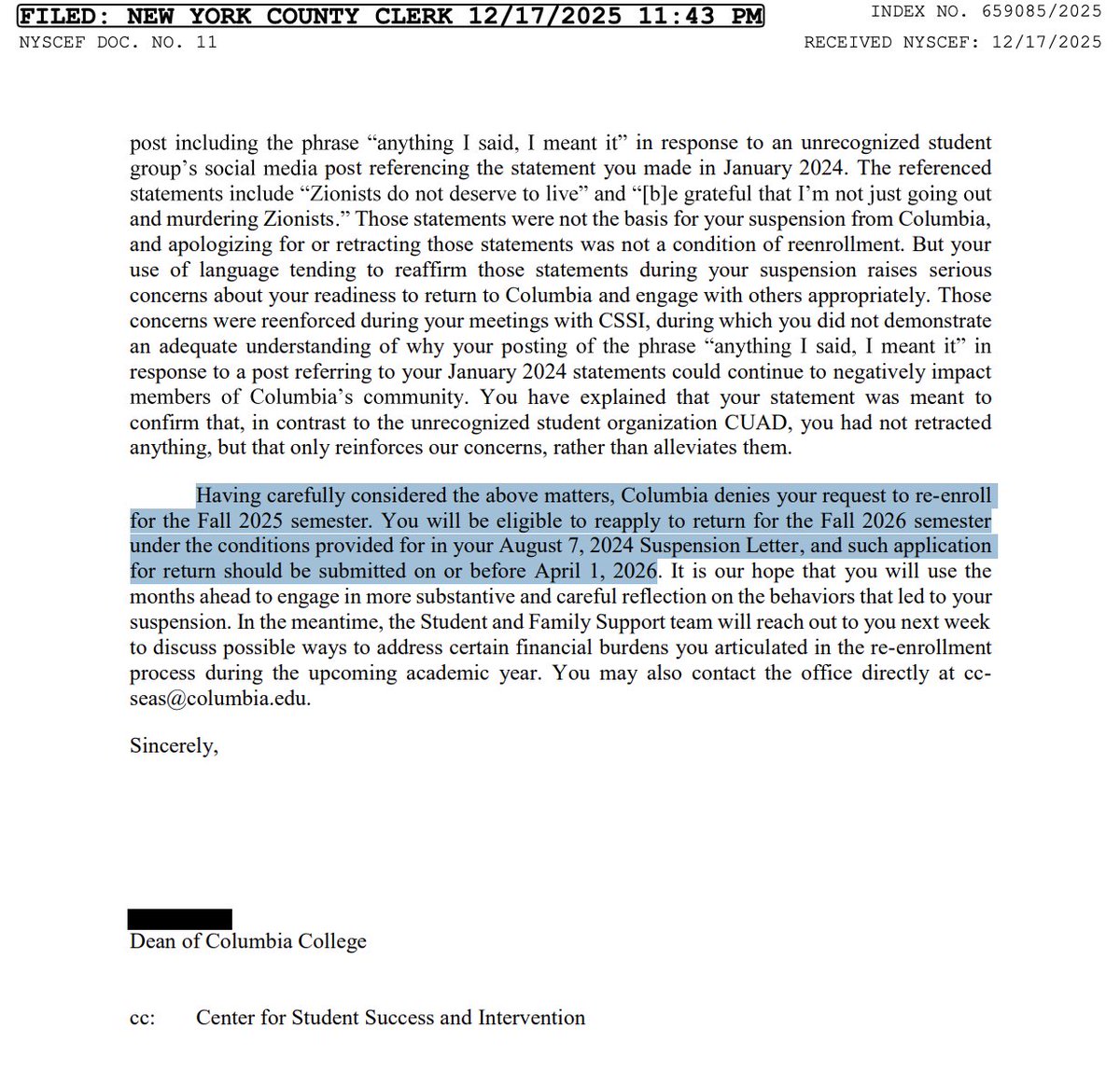 NEW: Legal filings reveal that Khymani James was denied re-enrollment at <a href="/Columbia/">Columbia University</a> last fall due to further violations during his suspension and “insufficient reflection” on his previous behavior. He will be eligible to re-apply for admission for Fall 2026.
