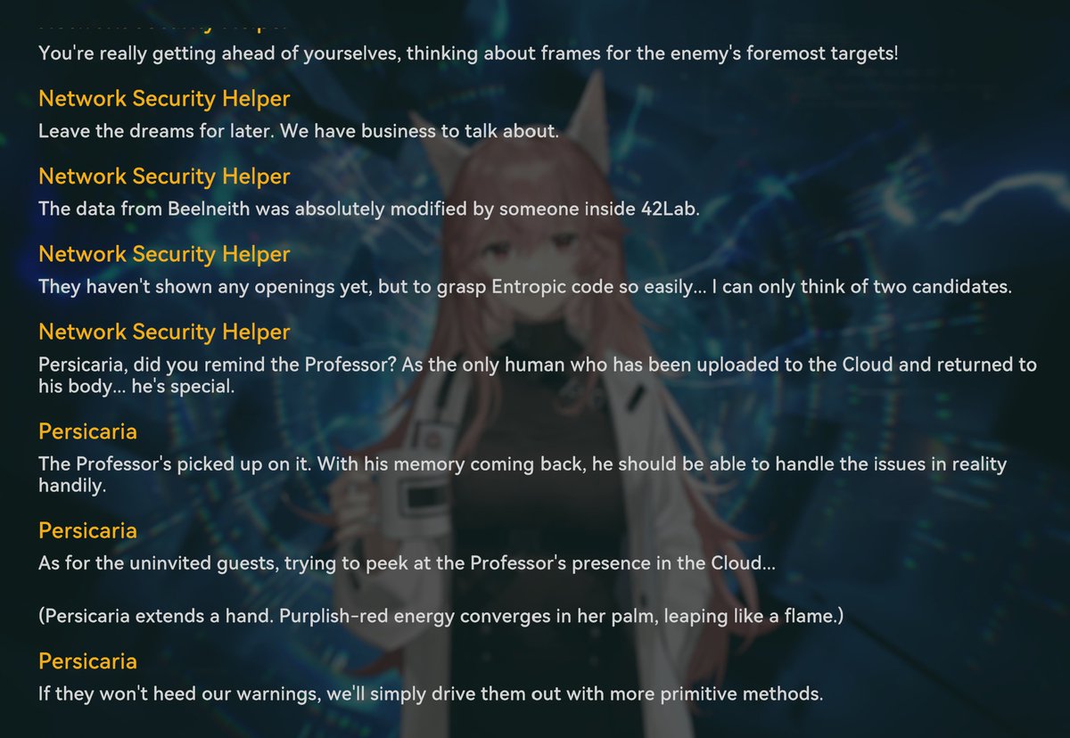 Girls Frontline 2-Neural Cloud Lore🧵- On PNC, Entropy, Beelneith, and the Orlog Conglomerate

Can't lie about getting a bit misty-eyed about this section at the end of Lewis' event. 
The subtle nod to Persicaria's operands at the very end...Glory be to the Empress.