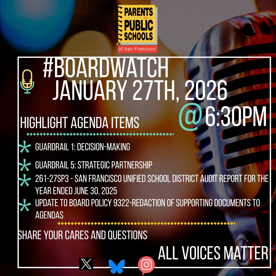 ppssf's tweet photo. 🎙️ #BoardWatch | January 27, 2026 at 6:30 PM
Join Parents for Public Schools as we follow the SFUSD Board of Education meeting,
📝 Agenda highlights include:
• Guardrail 1: Decision-Making
• Guardrail 5: Strategic Partnership
• Audit Report
📢 All voices matter
#BoardWatch https://t.co/ydUyiLg8Lx