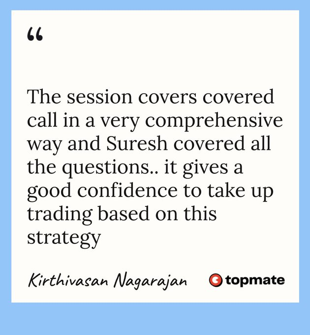abhijit48's tweet image. Good morning 🌄

Sharing the feedback from yesterday's Topmate session.

Covered Call with Strangle strategy session went great!

#Topmate #CoveredCall #StrangleStrategy #OptionsTrading

topmate.io/suresh_kumar93…