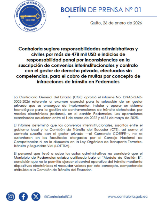 FundacionCPJ's tweet photo. La @ContraloriaECU sugiere responsabilidades administrativas y civiles por más de 478 mil dólares e indicios de responsabilidad penal por inconsistencias en convenios y contrato con el gestor de derecho privado, efectuados sin competencias, para cobrar multas por en Pedernales.⬇️ https://t.co/XqXXoDDP6x