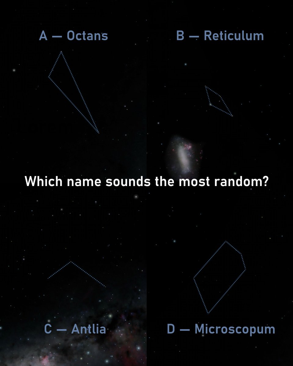 StarWalk's tweet image. Fun fact: in the 18th century, a single astronomer introduced many of the southern sky constellations.

All of the names you see here are real.
Which of these sounds made up to you?
A, B, C or D 📷

#astronomy #stargazing #constellations #nightsky #starwalk