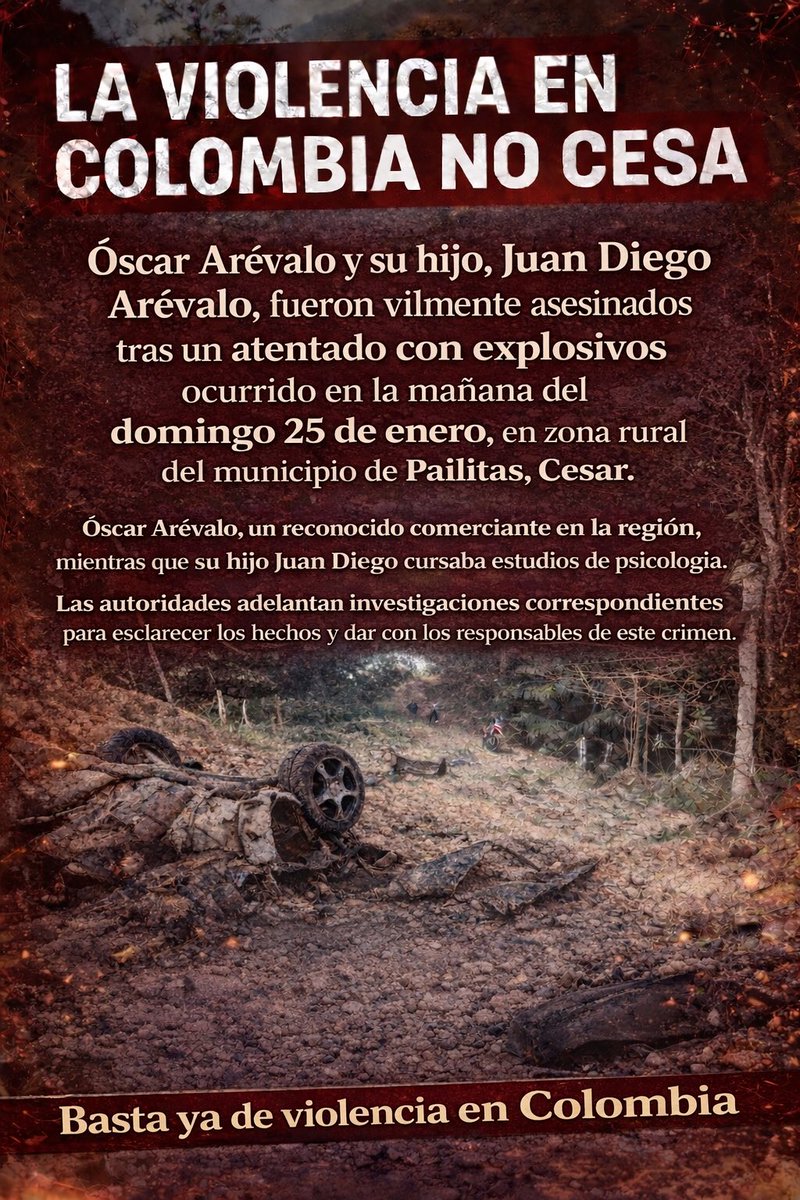 StephBatesPress's tweet image. #Terrorismo Un hecho poco conocido enluta a una familia colombiana: un padre y su hijo fueron asesinados en Pailitas, Cesar, tras la activación de un artefacto explosivo que destruyó por completo el vehículo en el que se movilizaban.