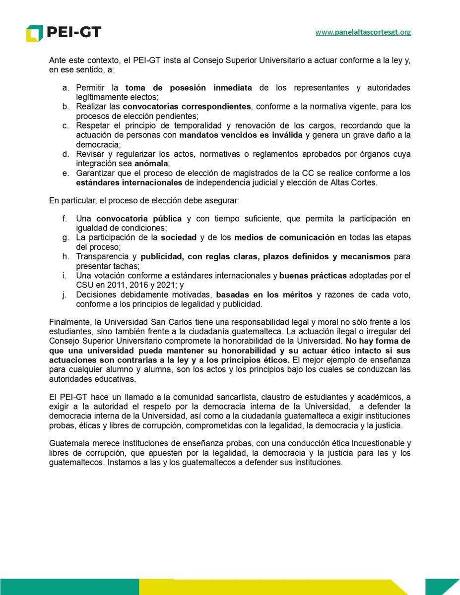El <a href="/pei_guatemala/">PEI_Guatemala</a> advierte que las decisiones del Consejo Superior Universitario de la <a href="/usacenlinea/">usacenlinea</a> pueden ser ilegítimas porque varios de sus miembros tienen cargos vencidos.

Llama a que tomen posesión los nuevos miembros electos y participen en la elección de la <a href="/CC_Guatemala/">CC Guatemala</a>