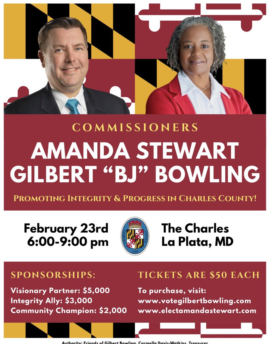 bj_bowling's tweet photo. Proud to support leaders who put integrity, service, and progress first. 💛
Join us on February 23rd as we come together to support Amanda Stewart and Gilbert “BJ” Bowling—two commissioners committed to building a stronger, more inclusive future for Charles County. https://t.co/sA2AgMy2VH