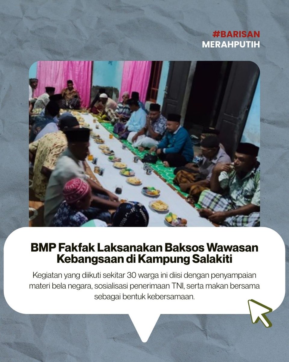 ToedjoeanSatu's tweet photo. Kegiatan bakti sosial BMP Fakfak di Kampung Salakiti berlangsung aman dan lancar. Edukasi wawasan kebangsaan, bela negara, makan bersama, serta rencana pengecoran lapangan dan perbaikan jembatan jadi wujud nyata kebersamaan. #WawasanKebangsaan #BelaNegara #Fakfak #PapuaBarat https://t.co/jQWjRCt2Gf