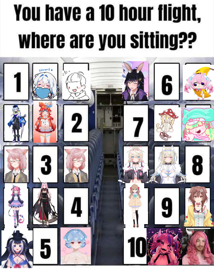 linkf99's tweet photo. saw that plane seat meme going around again and decided to make my own version, not really any real consistency just added people I think are cool (anyone who pick 3 is super cool :3 ) https://t.co/dfzhB1Mu6K