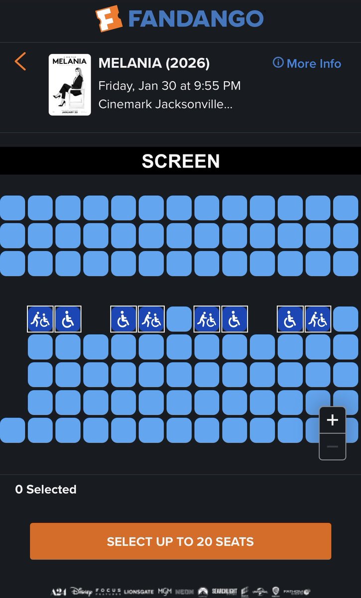 travisakers's tweet image. Not a single ticket sold for the opening night 9:55pm showing of Melania at the busiest movie theater in the metro-Jacksonville area.