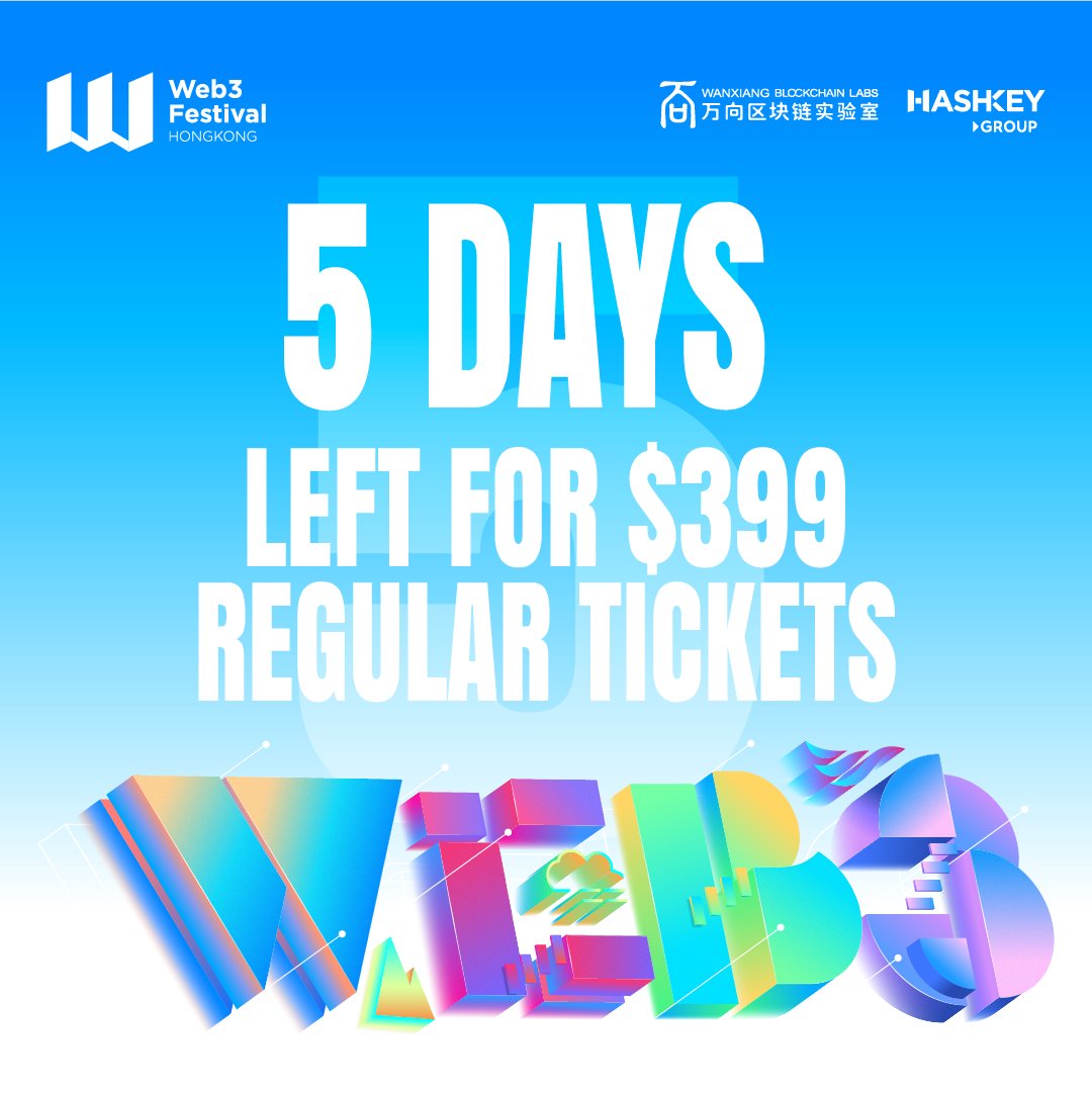 ⌛️5 DAYS TO GO!! The $399 regular tickets promotion is closing soon! Secure  your seats at one of the biggest crypto events of 2026. 20-23 April, 2026 |  HKCEC Tickets: https://t.co/7CKjezGY0U #Web3Festival #crypto #blockchain