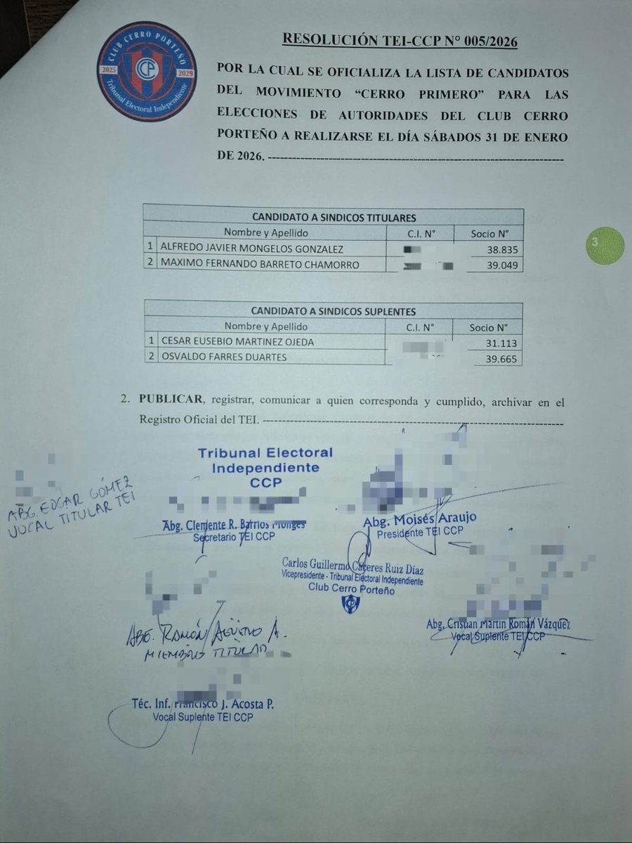 IMPORTANTE!!

El Dr. <a href="/MoisesAraujo_Py/">Moisés Araujo 🇵🇾🇮🇱❤️💙</a> del TEI de Cerro Porteño comunica lo resuelto por este tribunal, oficializando a los candidatos del Movimiento <a href="/cerroprimero_/">Cerro Primero</a>.

#HayFutbolpy