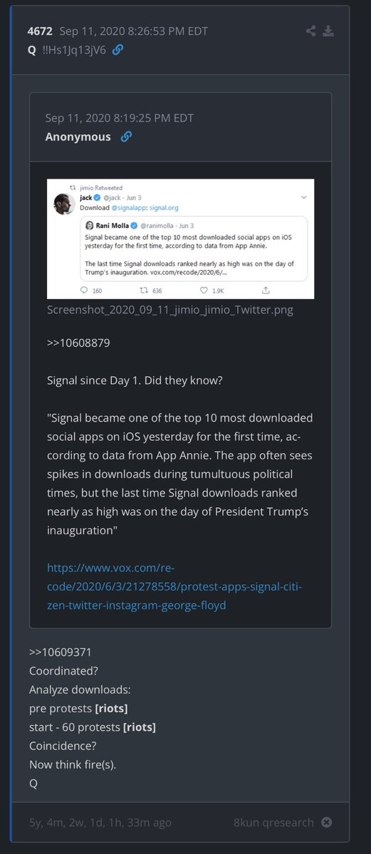 IN 2018 Q TOLD US that they had infiltrated and commandeered the SIGNAL app and network [for future reference].

IN 2020 Q TOLD US that the SIGNAL app and networks were used to coordinate the 2018 Paradise Fires in California AND the BLM/Antifa "Summer of Love" riots of 2020.