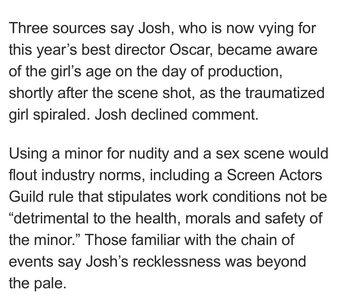 filmbitten's tweet image. this article about josh safdie makes me absolutely sick to my stomach. people like this should not be allowed to work anymore and continue to endanger people on set, especially vulnerable teenage girls. completely disgusting. pagesix.com/2026/01/26/hol…