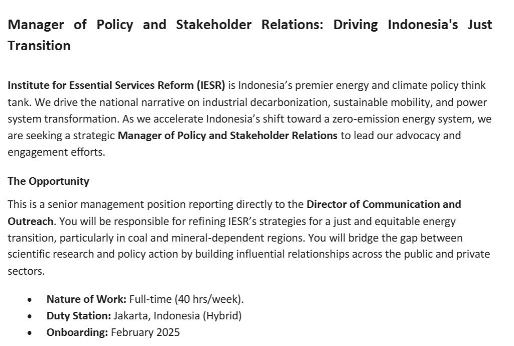 Manteman jobseeker khususnya yang udah berpengalaman, lowongan di bawah terbuka sampai 31 Januari 2026 ya :)

I really need Manager of Policy and Stakeholder Relations to lead our strategic engagements. This role is pivotal for someone who excels at managing high-level