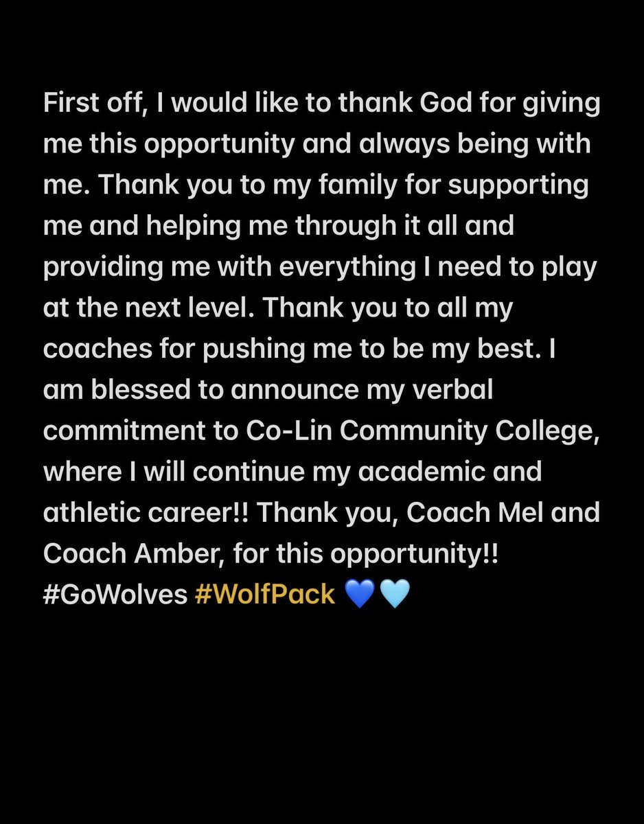 I am so excited to announce my verbal commitment to Co-Lin to continue my academic and athletic career!! #GoWolves #WolfPack 💙🩵
<a href="/CoLinSoftball/">Co-Lin Softball</a> <a href="/CoachMeleah/">Meleah Howard</a> <a href="/coachbeall07/">Amber Adcock Beall</a> <a href="/latbolts2027/">LA Thunderbolts Clement 2026/2027</a> <a href="/TRegalo16/">Tamra Ladnier</a> <a href="/MikeCoppage1/">Mike Coppage</a> @MAXPREPS 
<a href="/GeauxPrepsLA/">GeauxPreps.com</a> 
<a href="/fastpitchwatch/">Fastpitch Watch</a>