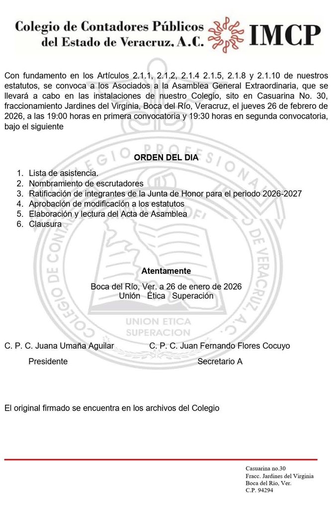 Convocatoria: Asamblea General Extraordinaria 
26 de febrero 2026, 19 hrs.
Proyecto de modificación de estatutos (consultar link)
1drv.ms/b/c/1db9f8b9dc…