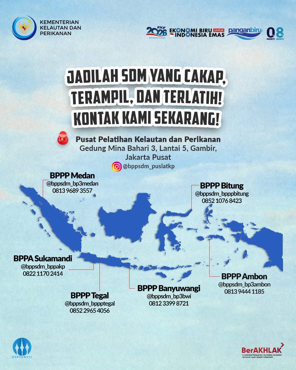Sahabat Bahari, mau jadi #SDMKP yang profesional, adaptif, dan siap bersaing secara global? Pelatihan Kelautan dan Perikanan jawabannya!
YUK Sahabat Bahari, tingkatkan kompetensimu di Balai Pelatihan KKP! Kontak kami sekarang, ya! 😊
<a href="/kkpgoid/">KKP RI</a>
@swtrenggono
#2026KKPGrowStronger