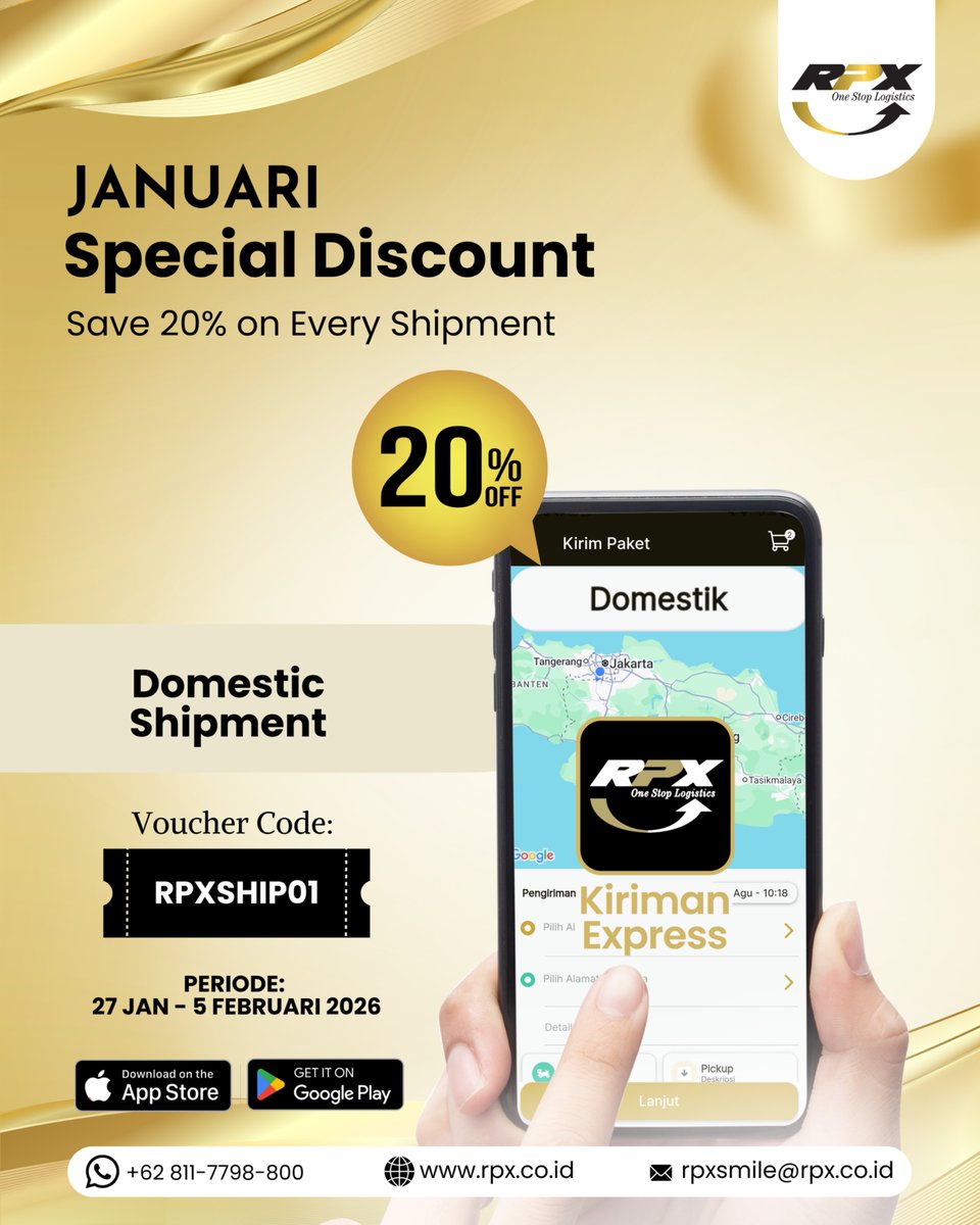 Januari makin hemat! ✨
Dapatkan diskon 20% untuk setiap kiriman domestik via aplikasi Kiriman Express dengan kode RPXSHIP01
📅 Periode: 27 Jan – 5 Feb 2026

📦 Kirim paket lebih mudah dan terjangkau via Aplikasi Kiriman Express!

#PromoJanuari #KirimPaketRPX #RPXOneStopLogistics