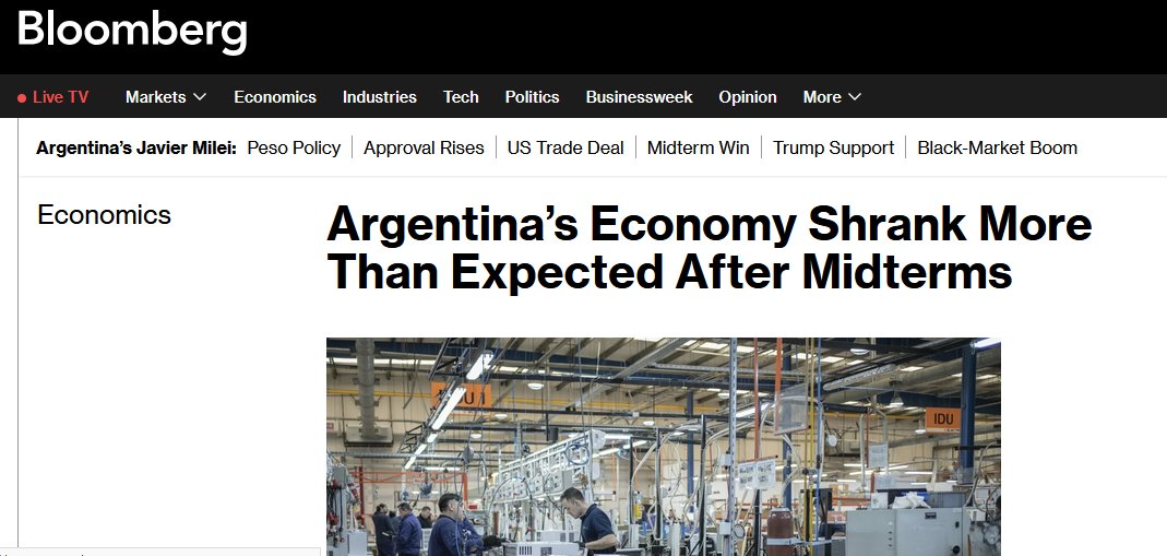 De afuera la estan empezando a ver

Bloomberg titula: "La Economica Argentina se achica mas de lo esperado"

"Junto con la reciente suba de inflacion, la caida de actividad sugiera que los riesgos de estanflacion estan nublando lo que esperaban como un brillante 2026"

Los unicos