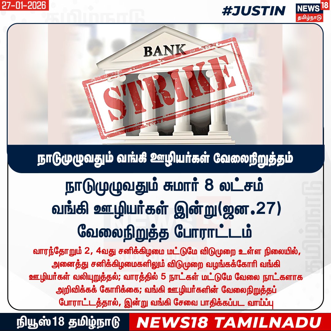 News18TamilNadu's tweet image. #JUSTIN நாடு முழுவதும் வங்கி ஊழியர்கள் வேலைநிறுத்தம் 

#Bank #WorkersStrike #News18Tamilnadu | News18Tamil.com