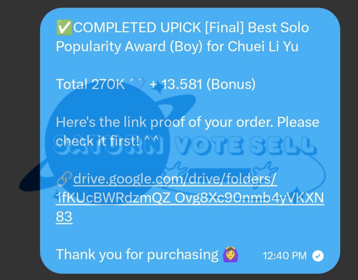 ❌SOLD UPICK 

270K 💙 + 13.581 *Bonus — [Final] Best Solo Popularity Award (Boy) for #CHUEILIYU

purchased by <a href="/liyubased/">you call me key 🫧 🥕</a>

Thank you for the purchase! 🙇 

#saturnproofs