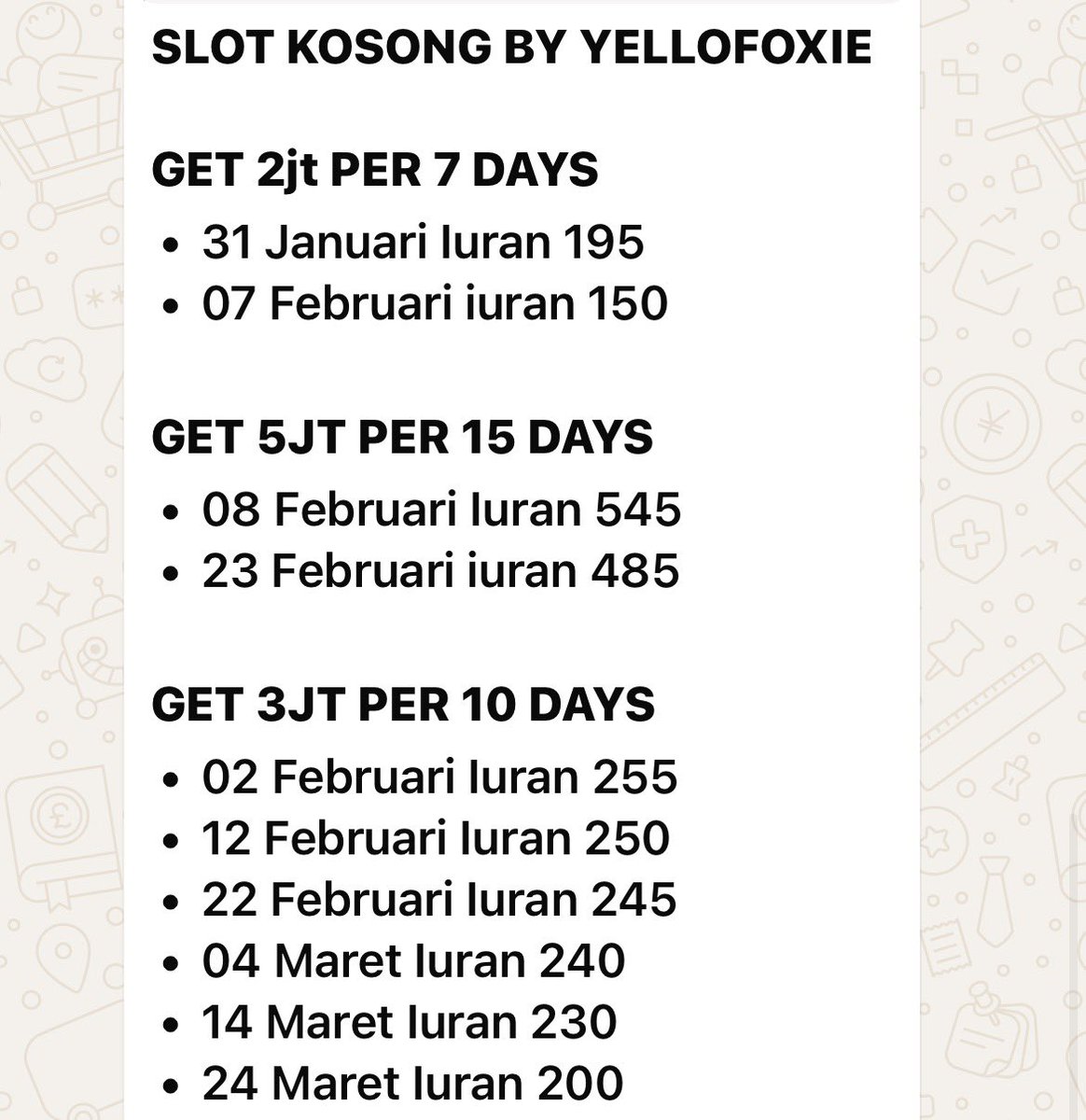 Halo semua, yellofoxie avail arisan get januari-maret yaaa. Sung join grup utama yaa 
chat.whatsapp.com/JBqfYSthq89EvN…
#zonauang