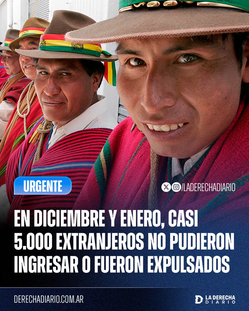MajulLuisOK's tweet photo. 🇧🇴 EXCELENTE NOTICIA 🔥

📆 Entre diciembre 2025 y enero 2026, casi 5.000 EXTRANJEROS sospechosos NO pudieron ingresar al país o fueron EXPULSADOS de Argentina 🇦🇷

¿A favor de que se ENDUREZCAN los controles migratorios?

1- SI ✅ 
2- NO ❌ https://t.co/KKqRy9cnfP