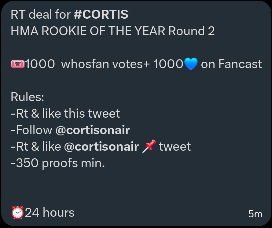 Jamfriesholic's tweet image. RT deal for #CORTIS #코르티스
HMA ROOKIE OF THE YEAR Round 2 

🎟1000  Whosfan votes+ 1000💙 on Fancast

Rules:
-Rt &amp;amp; like this tweet
-Follow @cortisonair 
-Rt &amp;amp; like @cortisonair 📌 tweet 
-350 proofs min.

⏰️24 hours
