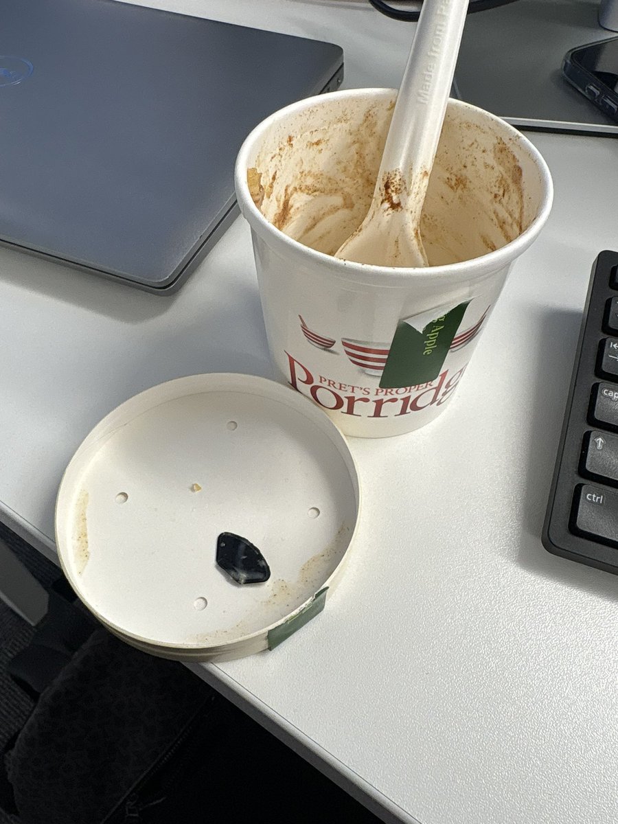 BEXC80's tweet photo. @Pret I like my @Pret porridge hot, comforting and plastic-free. Found a bit of black plastic in it this morning — not ideal for starting the day 😐 Please tell me this isn’t a new recipe…” https://t.co/R1fVwWOaT3