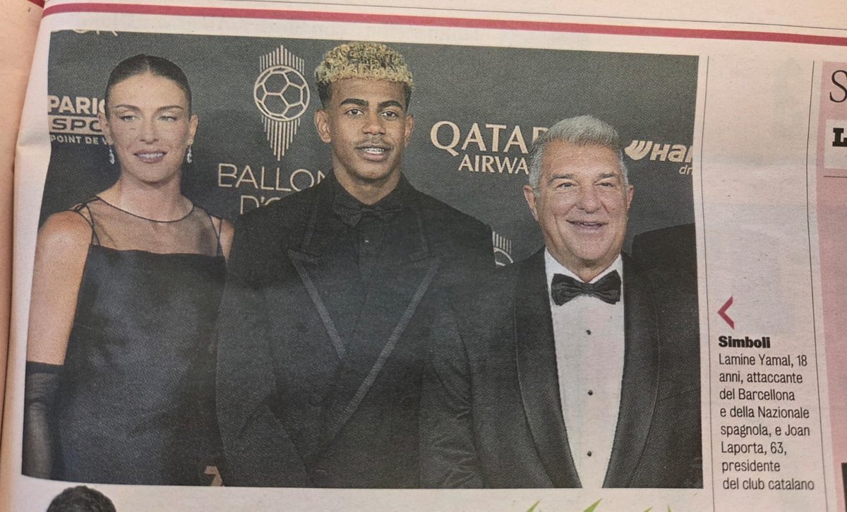Lamine Yamal, attaccante del Barcellona, Joan Laporta, presidente del Barcellona, e zia Maria, giocatrice del Barcellona, due palloni d’oro, tre champions, un mondiale.

Oggi La Gazzetta dello Sport nella foto non indica Alexia Putellas.