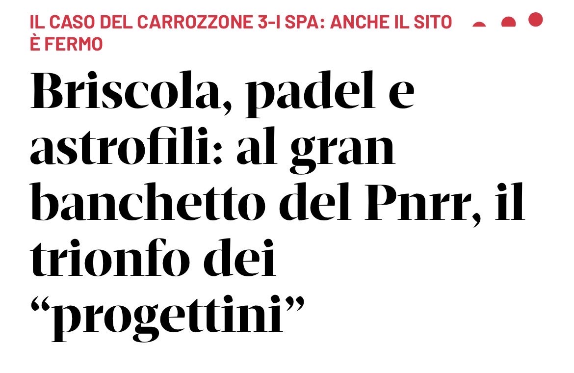 Come ha gestito i soldi del Pnrr l’indecente Meloni? A cazzo 
“Dagli studi del cielo stellato dell’Unione astrofili al museo del prosciutto, finanziamenti a pioggia. Soldi per piccoli stadi, musei e affittacamere. Intanto Confindustria lancia l’allarme: «Economia ferma» “