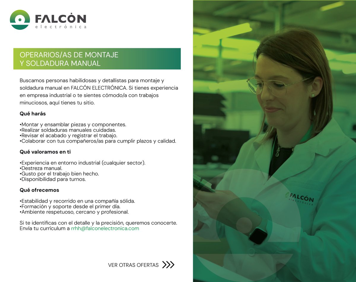 FALCONElect's tweet photo. Buscamos talento para producción en Falcón Electrónica.
#ofertasdeempleo #falconelectronica #talentohumano #empleo #navarra #electronica https://t.co/hJyiV12xnh