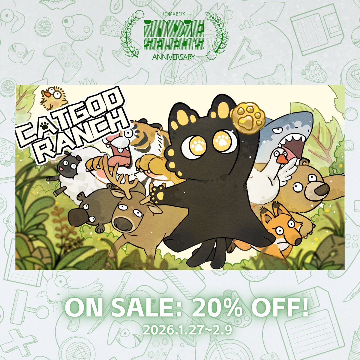 The party is on! 🥳 The Indie Selects Anniversary Sale is here! <a href="/ID_Xbox/">ID@Xbox</a> 

We’re thrilled that Cat God Ranch is joining the celebration with a 20% discount for the event!

Hurry, the fun ends on Feb 9. Grab your deal now!
👉 xbox.com/en-us/games/st…

#IndieSelects #CatGodRanch
