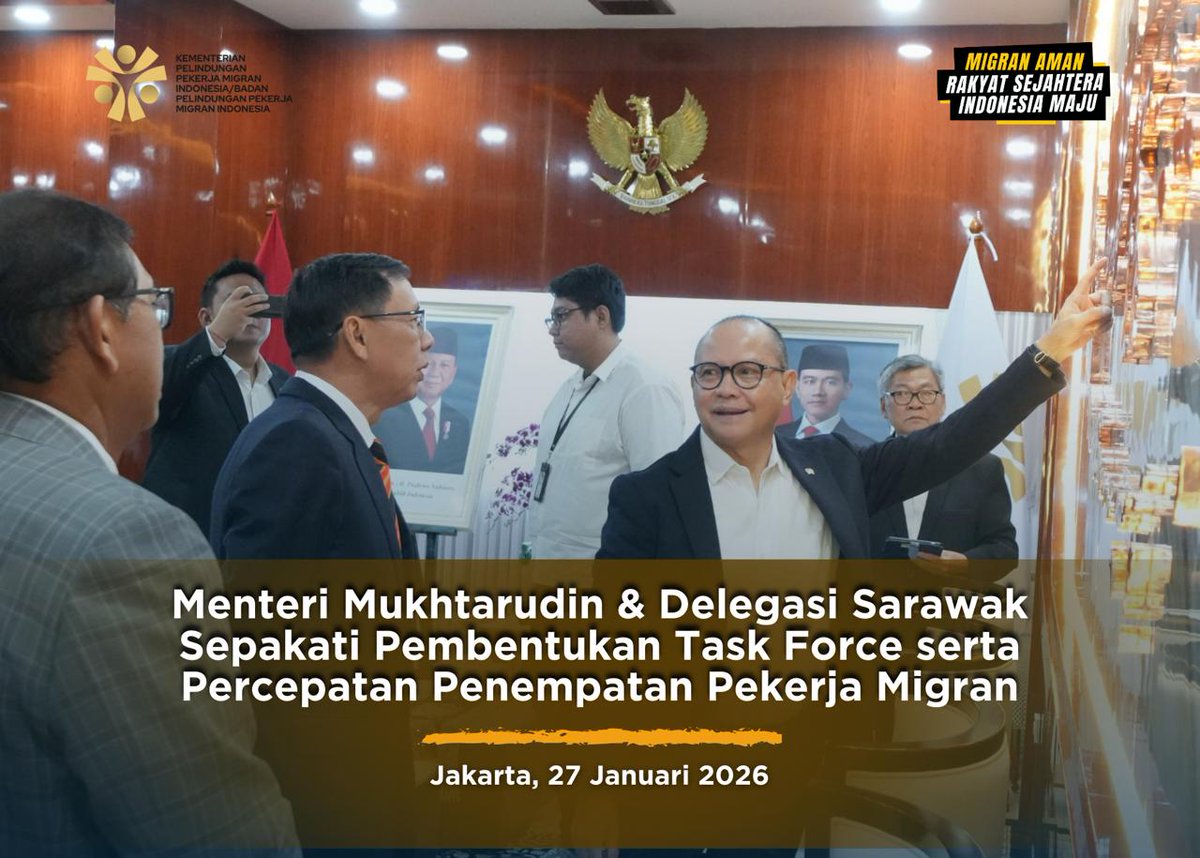 Menteri P2MI Mukhtarudin menerima kunjungan kehormatan Menteri Industri Makanan, Komoditi, dan Pembangunan Wilayah Sarawak, Dato Sri Dr. Stephen Rundi Utom, di Kantor KP2MI, Selasa (27/01/2026).