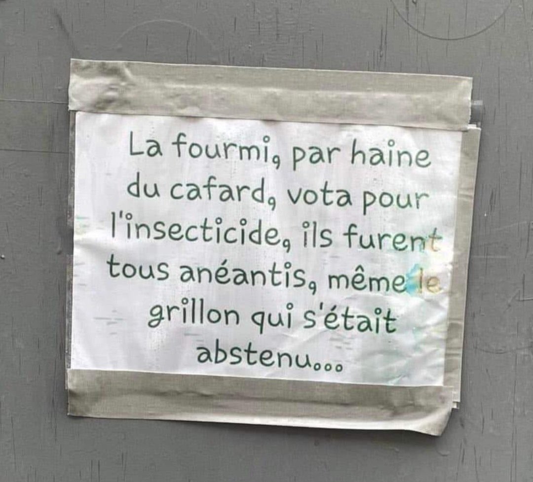 « La fourmi, par haine du cafard, vota pour l’insecticide, ils furent tous anéantis, même le grillon qui s’était abstenu… »