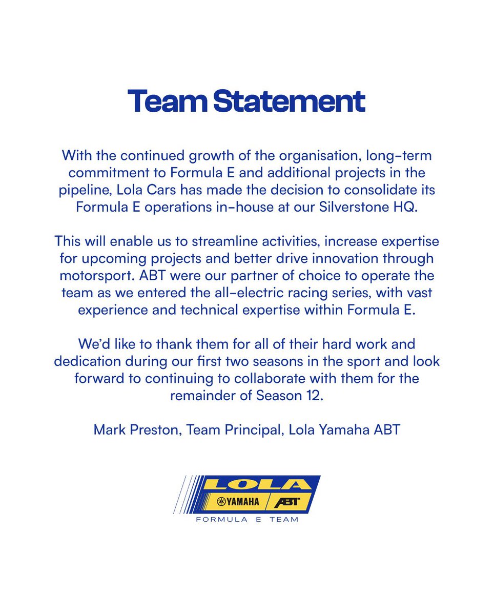 A statement from Team Principal Mark Preston.

More ➡️ Lola-fe.com/article/team-s…