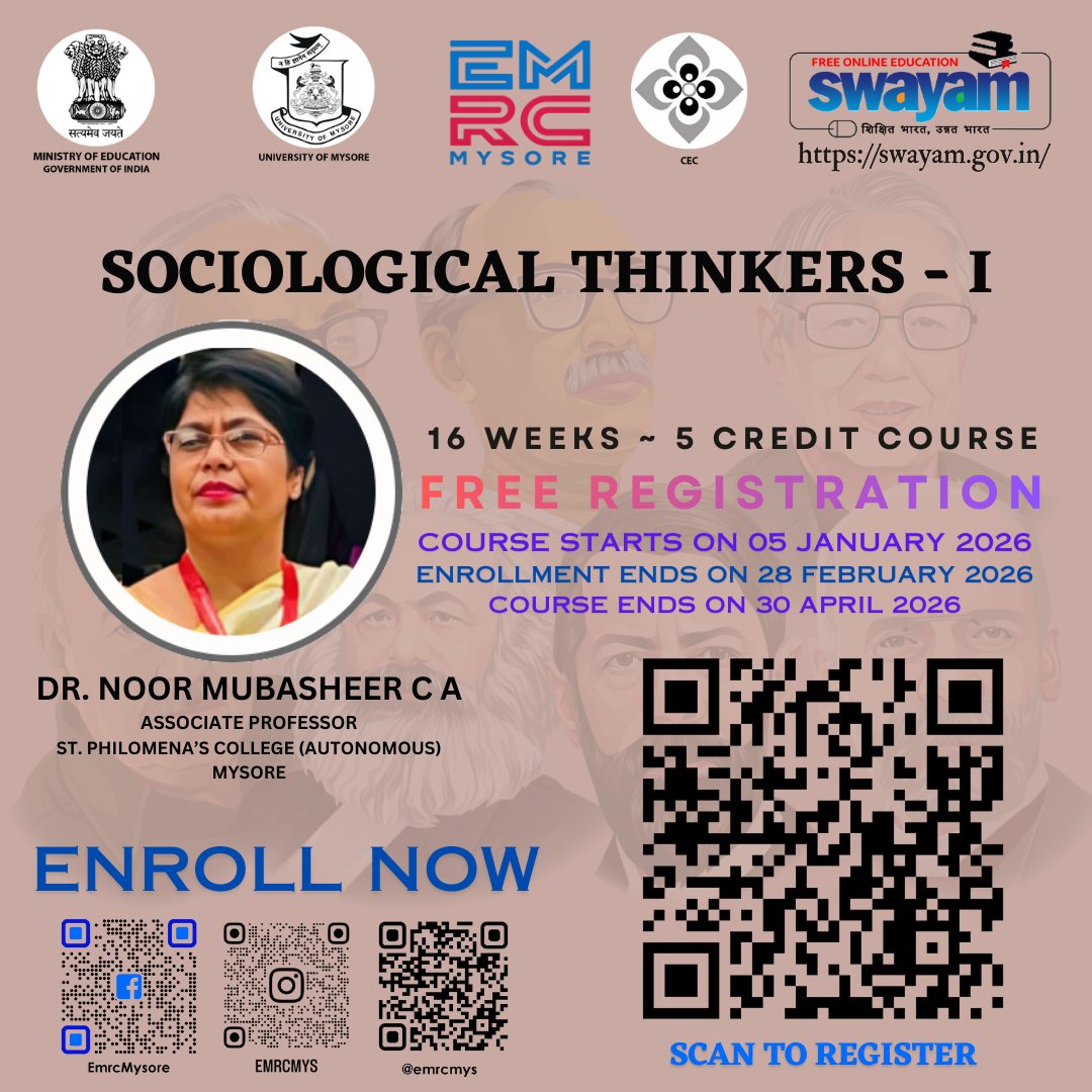 emrcmys's tweet photo. Why do societies function the way they do? Sociological Thinkers–I MOOC by Dr. Noor Mubasheer C.A. builds sociological imagination &amp; critical thinking through theory and real-life application. UG Core | 5 credits | Jan–Apr 2026. Enroll by 28 Feb 2026. https://t.co/bZRFMSe1hm
