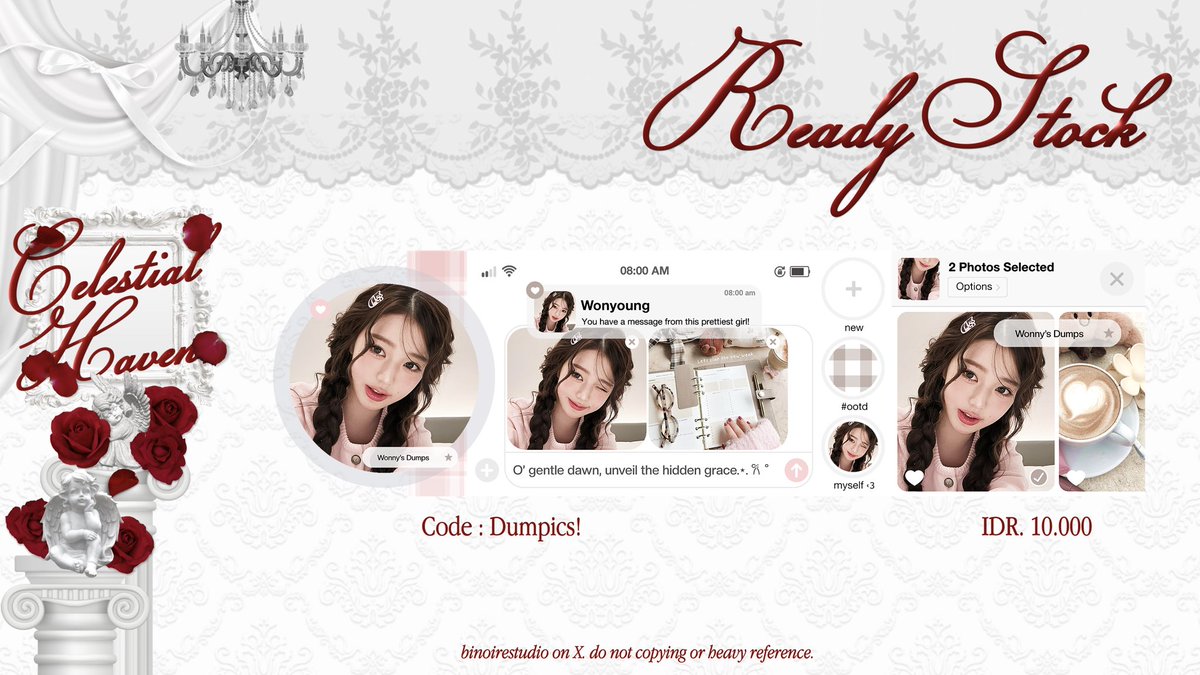 binoirestudio's tweet image. ʚїɞ  ..  “  help retweet, thank you!   ˖  ꔛ

𖣦  haloo semua! ˚₊ aku hadir bawain layout ready stock wonyoung yang bisa kamu dapatkan dengan harga IDR. 10.000 ⊹ jika kamu berminat bisa segera DM aku yaa. go grab yours, little soul! ♡
            
#zonauang #zonaba